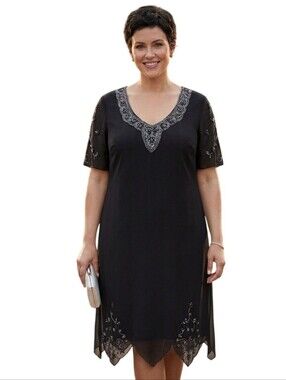 Ulla Popken NWT Black Beaded A Line For Chiffon Formal Maxi Dress Size 16/18